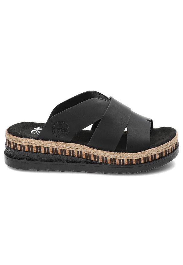Czarne Klapki Rieker Wygodne Buty Na Platformie. Okazja: na spacer, na co dzień. Kolor: czarny. Materiał: skóra. Obcas: na platformie. Styl: elegancki, casual