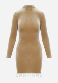 Born2be - Beżowa Welurowa Sukienka Mini z Frędzlami w Cyrkonie Finkara. Kolor: beżowy. Materiał: welur. Długość: mini #6