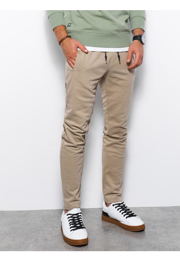 Ombre Clothing - Spodnie męskie dresowe bez ściągacza na nogawce - beżowe V4 - Rozmiar: XL. Kolor: beżowy. Materiał: dresówka