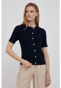 Polo Ralph Lauren kardigan bawełniany kolor granatowy lekki. Typ kołnierza: polo. Kolor: niebieski. Materiał: bawełna. Długość rękawa: krótki rękaw. Długość: krótkie. Wzór: ze splotem