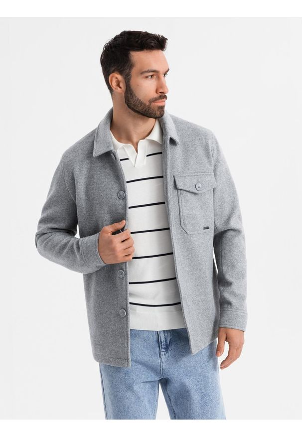 Ombre Clothing - Lekka flauszowa kurtka męska z dodatkiem wiskozy – szara V2 - Rozmiar: M. Okazja: na co dzień. Kolor: szary. Materiał: wiskoza. Styl: wizytowy, casual