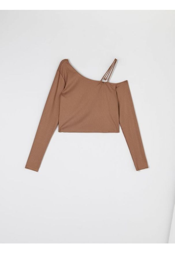 Sinsay - Bluzka - beżowy. Kolor: beżowy. Materiał: włókno, materiał, prążkowany