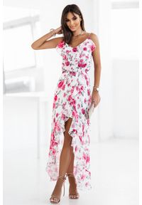 IVON - Szyfonowa Sukienka Maxi na Ramiączkach z Rozcięciem - Róże. Kolor: różowy. Materiał: szyfon. Długość rękawa: na ramiączkach. Długość: maxi #1