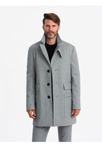 Ombre Clothing - Wzorzysty jednorzędowy męski płaszcz z kieszeniami – szary V3 - Rozmiar: XXL. Typ kołnierza: kołnierz rewers. Kolor: szary. Materiał: syntetyk, tkanina, poliester, materiał. Wzór: ze splotem #6
