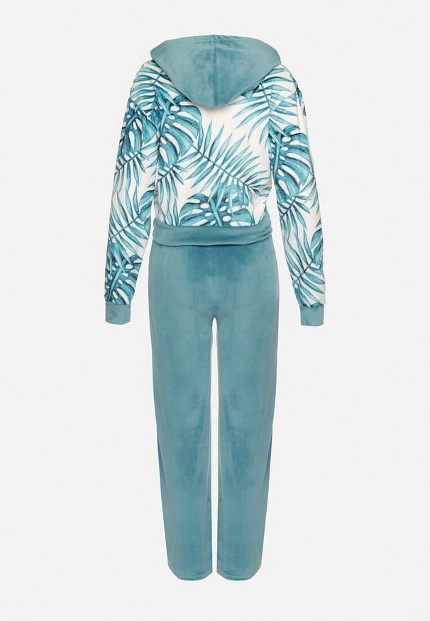 Born2be - Miętowy Welurowy Komplet Dresowy Bluza z Florystycznym Printem i Szerokie Spodnie Taniussa. Kolor: miętowy. Materiał: dresówka, welur. Wzór: nadruk