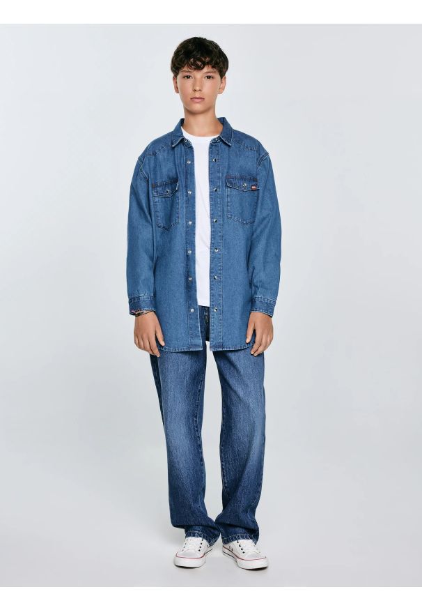 Big-Star - Koszula chłopięca jeansowa niebieska Western 121. Okazja: na co dzień. Kolor: niebieski. Materiał: jeans. Wzór: melanż. Styl: klasyczny, casual