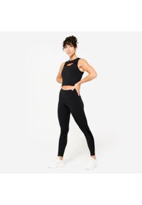 DOMYOS - Koszulka fitness damska Domyos bez rękawów. Kolor: czarny. Materiał: materiał, elastan, poliester. Długość rękawa: bez rękawów. Długość: krótkie. Sport: fitness
