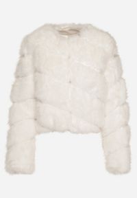 Born2be - Biała Krótka Kurtka z Futerkiem na Haftki Loreinda. Okazja: na co dzień. Kolor: biały. Materiał: futro. Długość: krótkie. Styl: casual, elegancki #2