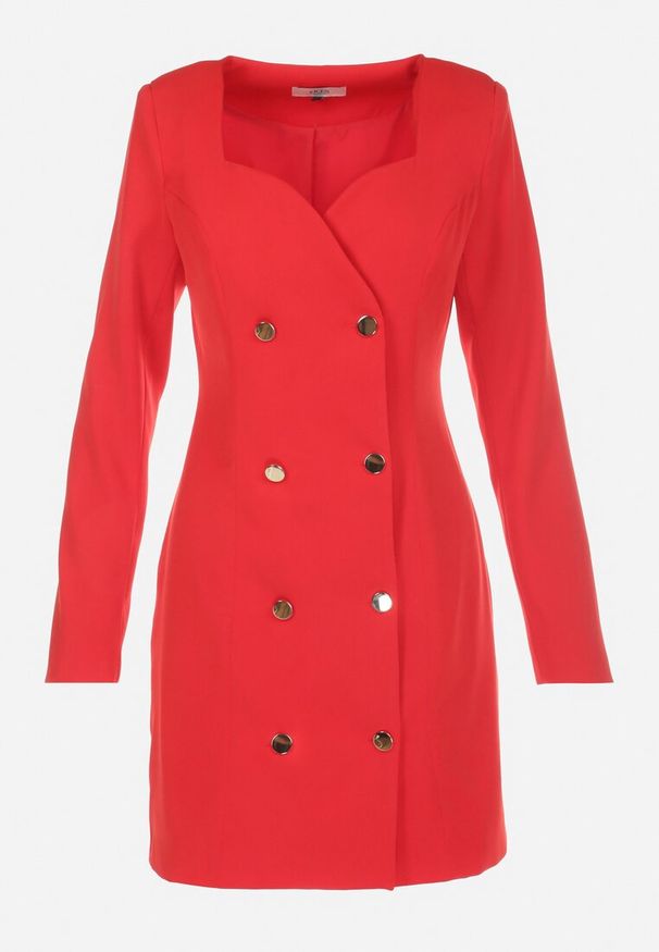 Born2be - Czerwona Sukienka Marynarka Taliowana z Guzikami Genzana. Kolor: czerwony. Typ sukienki: asymetryczne. Styl: elegancki