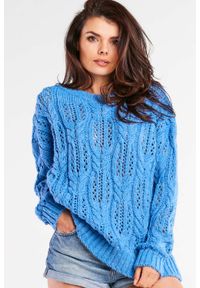 Awama - Luźny Sweter o Ażurowym Splocie - Niebieski. Kolor: niebieski. Materiał: poliamid, poliakryl, poliester. Wzór: ze splotem, ażurowy