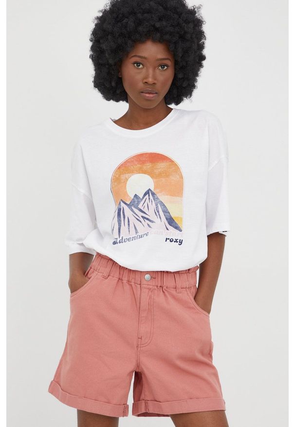 Roxy t-shirt bawełniany kolor biały. Kolor: biały. Materiał: bawełna. Długość rękawa: krótki rękaw. Długość: krótkie. Wzór: nadruk