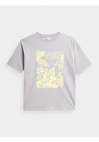 4f - T-shirt oversize z nadrukiem damski. Kolor: szary. Materiał: bawełna. Wzór: nadruk #1