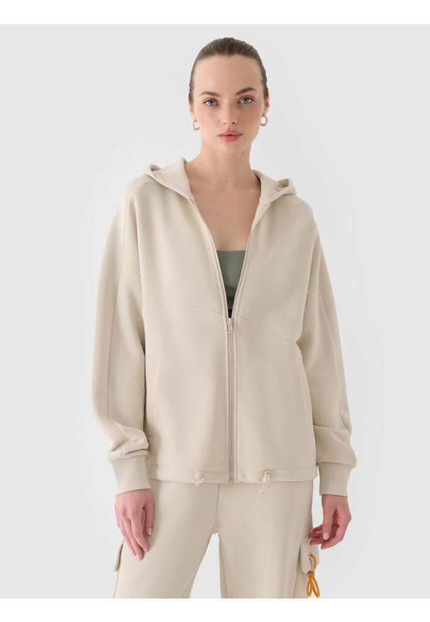 4f - 4F Bluza dresowa rozpinana z kapturem damska - beżowa XL. Okazja: na co dzień. Typ kołnierza: kaptur. Kolor: beżowy. Materiał: dresówka. Wzór: ze splotem, gładki. Styl: sportowy, casual