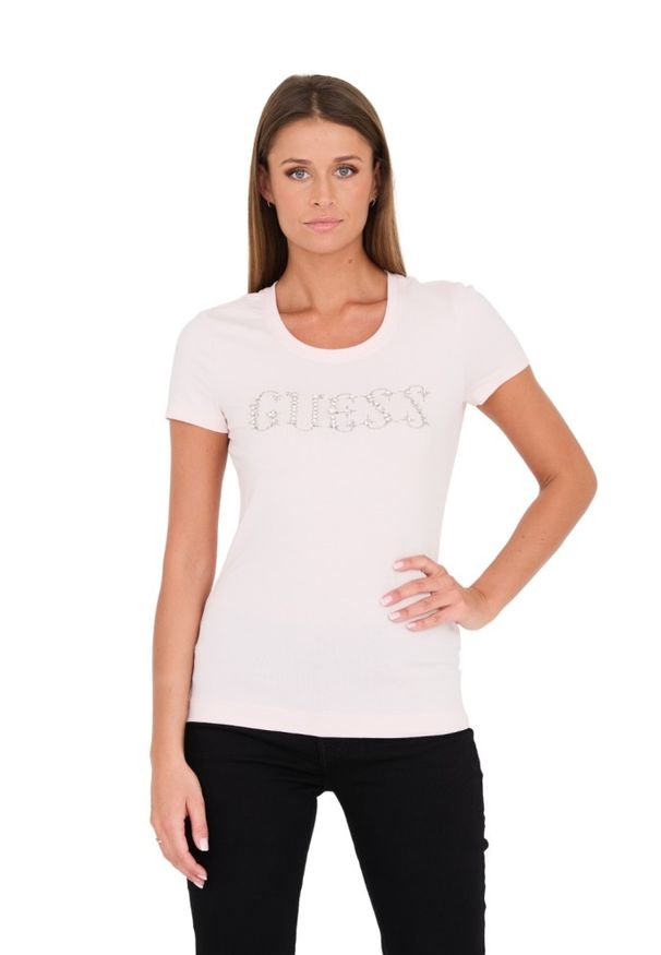Guess - GUESS Różowy damski t-shirt bawełniany Stones Logo Tee, Rozmiar XL. Kolor: różowy. Materiał: bawełna