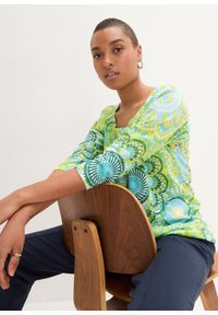 bonprix - Bluzka bawełniana z czystej bawełny organicznej z rękawem 3/4. Kolor: zielony. Materiał: bawełna. Wzór: nadruk