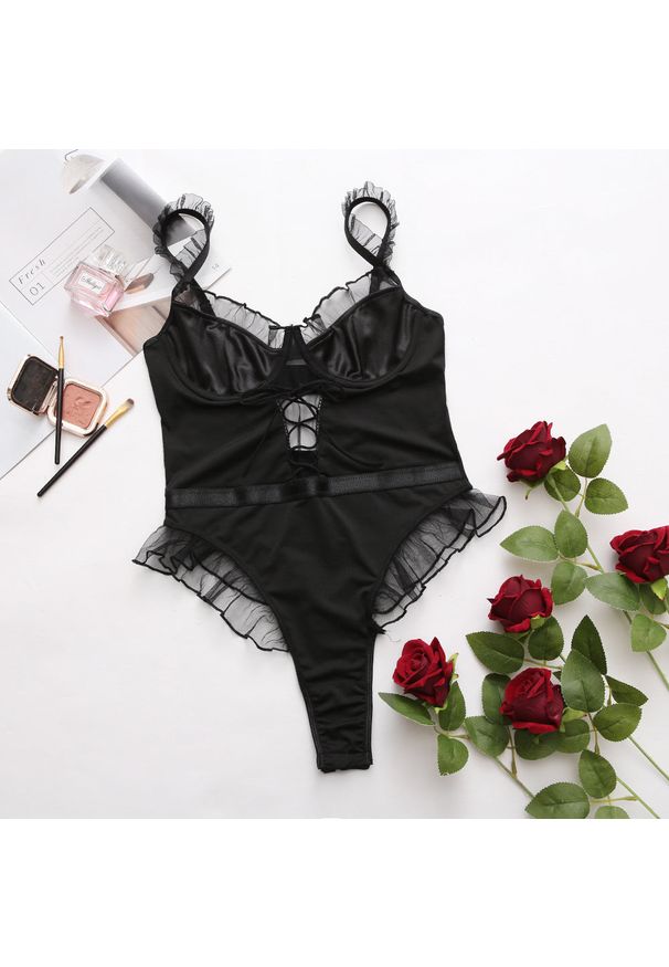 Intica - Body z siateczką regulowane ramiączka eleganckie Averyl. Kolor: czarny. Materiał: tkanina, materiał