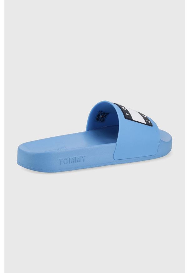 Tommy Jeans klapki damskie. Kolor: niebieski. Materiał: materiał, guma. Obcas: na obcasie. Wysokość obcasa: niski
