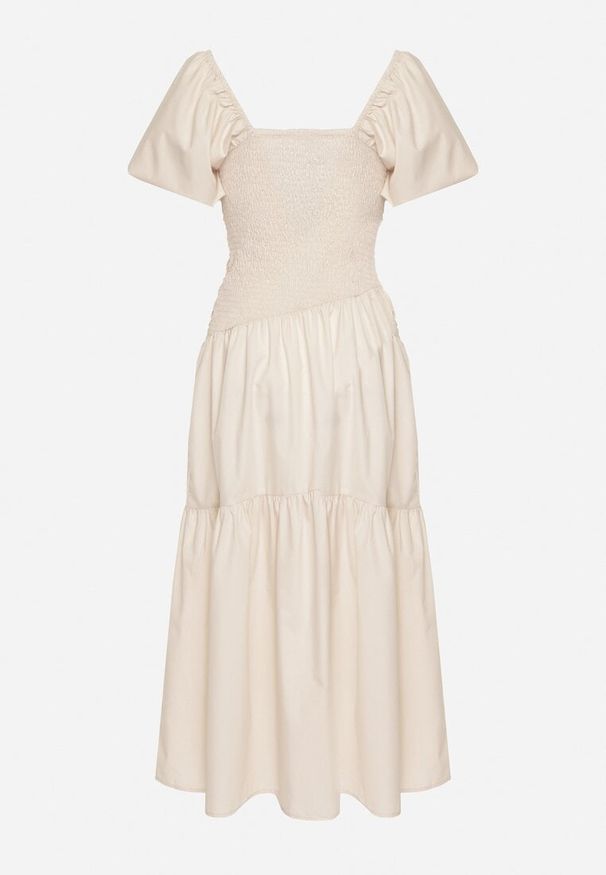 Born2be - Beżowa Rozkloszowana Marszczona Sukienka z Wiskozą i Bufiastymi Rękawami oraz Falbanką Larnovia. Okazja: na co dzień, na imprezę. Kolor: beżowy. Materiał: wiskoza. Typ sukienki: proste. Styl: casual, elegancki