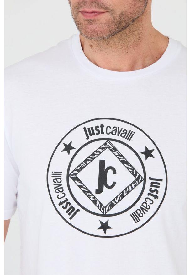 Just Cavalli - JUST CAVALLI Biały męski t-shirt Fiche, Rozmiar S. Kolor: biały