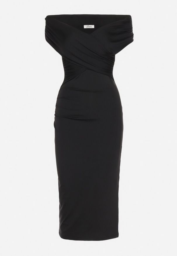 Born2be - Czarna Sukienka Dopasowana z Ozdobnie Wywiniętą Górą i Rozcięciem na Boku Mleora. Kolor: czarny. Styl: elegancki
