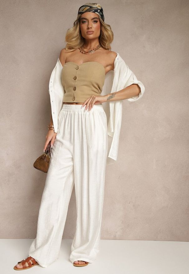 Renee - Biały Wiskozowy Komplet Szerokie Spodnie i Koszula z Podpinanymi Rękawami Tulmoi. Kolor: biały. Materiał: wiskoza