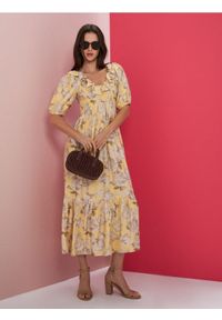 Sinsay - Wiskozowa sukienka midi z bufiastymi rękawami i marszczeniem - wielobarwny. Materiał: wiskoza. Długość: midi #1