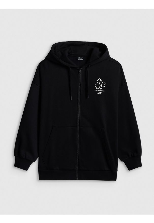 4f - 4F Bluza dresowa loose z kapturem damska - czarna L. Okazja: na co dzień. Typ kołnierza: kaptur. Kolor: czarny. Materiał: dresówka. Styl: casual