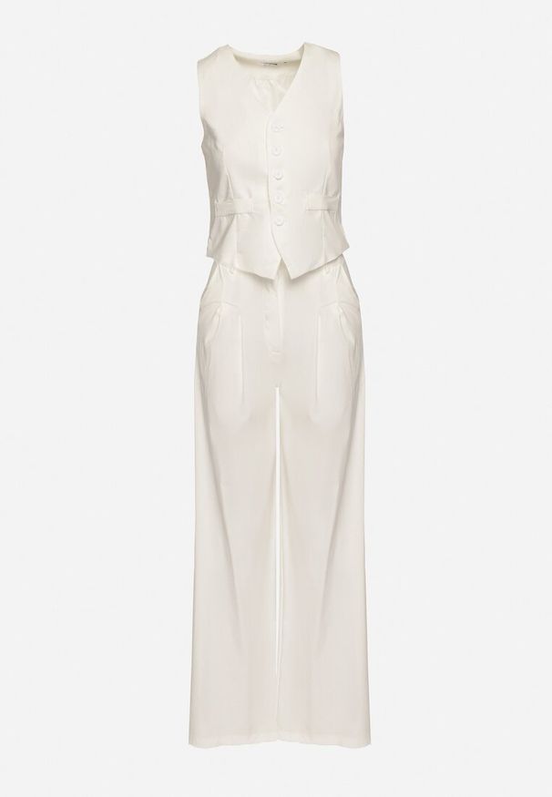 Born2be - Biały Komplet w Garniturowym Stylu Kamizelka i Szerokie Spodnie Miradella. Kolor: biały