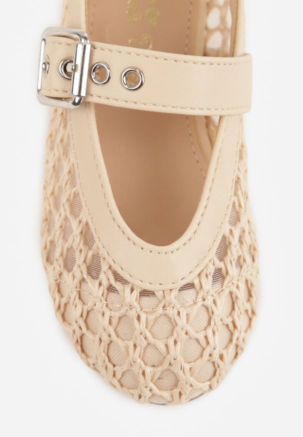 Born2be - Beżowe Siateczkowe Balerinki w Stylu Mary Jane z Szydełkowym Wzorem Tramlea. Okazja: na co dzień, na uczelnię. Zapięcie: pasek. Kolor: beżowy. Materiał: jeans. Styl: casual