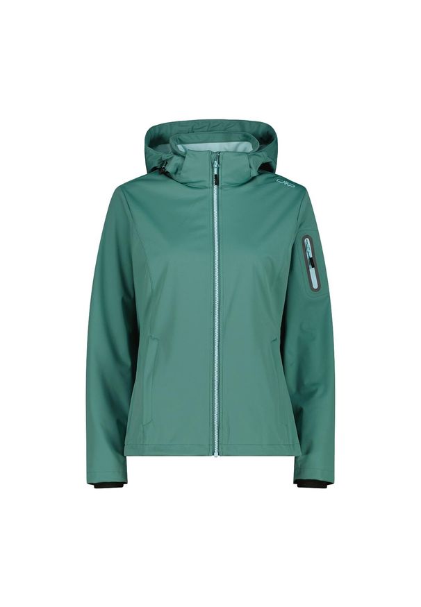 Kurtka damska turystyczna CMP 39A5016. Typ kołnierza: kaptur. Kolor: zielony. Materiał: softshell. Sport: turystyka piesza