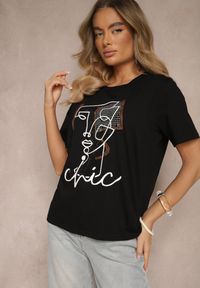 Renee - Czarny T-shirt z Bawełny Ozdobiony Cyrkoniami i Nadrukiem Canilea. Okazja: na co dzień. Kolor: czarny. Materiał: bawełna. Wzór: aplikacja, nadruk. Styl: klasyczny, casual, elegancki #3