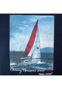 Granatowa Męska Koszulka (T-Shirt) - Pako Jeans - Żaglówka. Okazja: na co dzień. Kolor: niebieski. Materiał: bawełna. Wzór: nadruk. Styl: casual #4