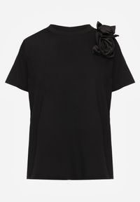 Born2be - Czarny Klasyczny T-shirt z Bawełny Zdobiony Aplikacją 3D w Kształcie Kwiatów Noebel. Okazja: na co dzień. Kolor: czarny. Materiał: bawełna. Wzór: kwiaty, aplikacja. Styl: klasyczny #8