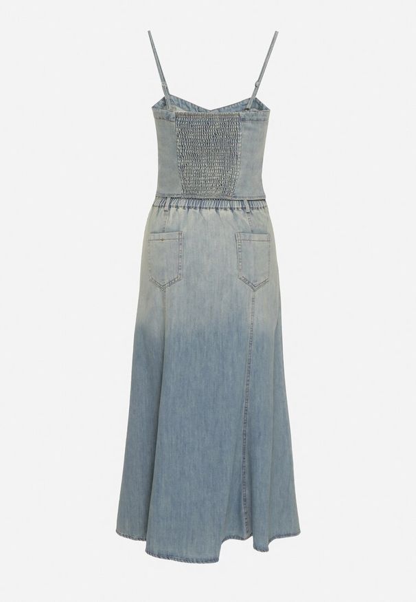 Born2be - Niebieski Komplet Jeansowy Gorsetowy Top i Rozkloszowana Spódnica Queria. Kolor: niebieski. Materiał: jeans