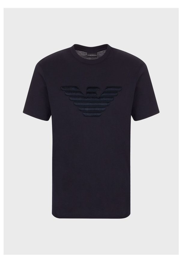 Emporio Armani - EMPORIO ARMANI Męski t-shirt granatowy wyszywane logo, Rozmiar S. Kolor: niebieski. Materiał: prążkowany, bawełna. Długość rękawa: krótki rękaw. Długość: krótkie