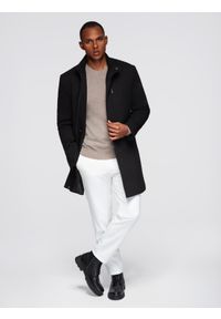 Ombre Clothing - Dopasowany strukturalny męski płaszcz z wysokim kołnierzem – czarny V1 - Rozmiar: M. Okazja: na co dzień. Kolor: czarny. Materiał: tkanina, materiał, syntetyk. Długość: długie. Wzór: jednolity, aplikacja. Styl: casual, elegancki #1