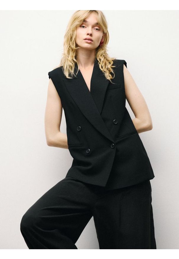 Reserved - Długa dwurzędowa kamizelka - czarny. Kolor: czarny. Materiał: wiskoza, tkanina. Długość: długie