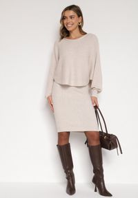 Born2be - Ciemnobeżowy Dzianinowy Komplet Prążkowany Sukienka i Sweter o Kroju Nietoperz Wederela. Kolor: beżowy. Materiał: dzianina, prążkowany #3