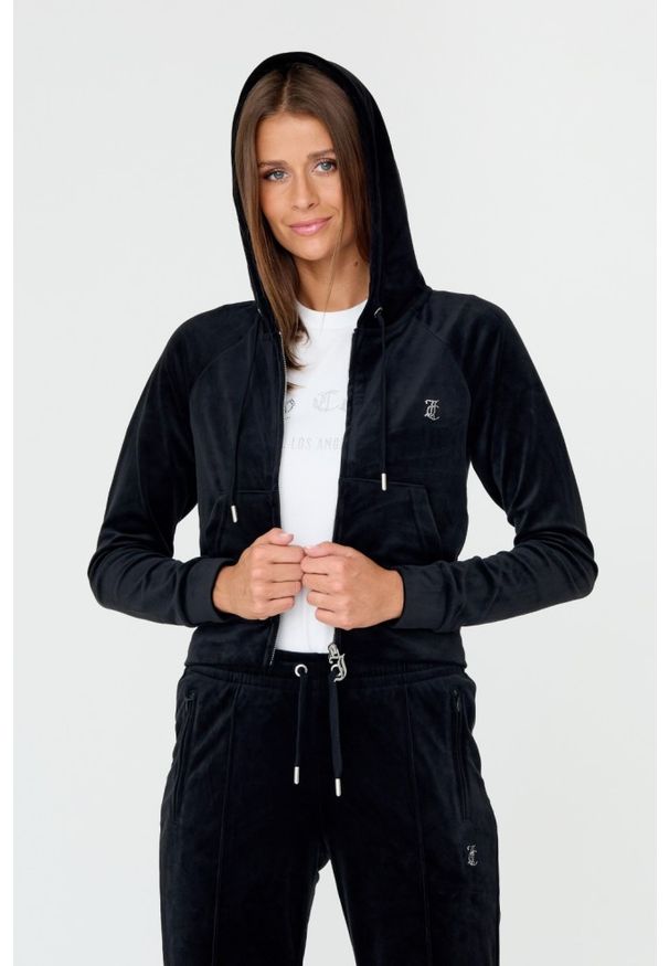 Juicy Couture - JUICY COUTURE Czarna bluza Madison. Kolor: czarny. Materiał: poliester. Wzór: aplikacja