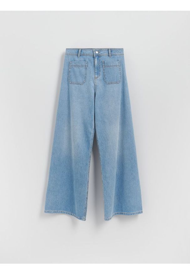 Reserved - Jeansy wide leg z naszywanymi kieszeniami - niebieski. Kolor: niebieski