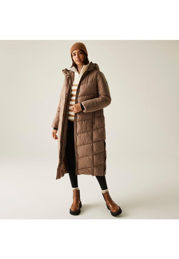 Regatta - Płaszcz damski zimowy ocieplany Eloria. Kolor: brązowy. Materiał: poliester, puch, syntetyk. Sezon: zima. Sport: turystyka piesza