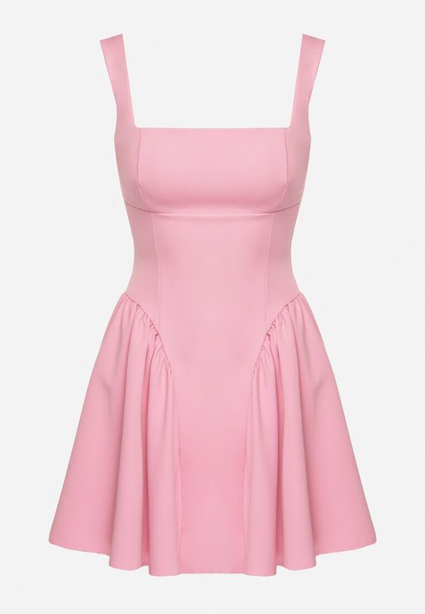 Born2be - Różowa Rozkloszowana Sukienka na Ramiączkach z Kwadratowym Dekoltem Sastorea. Okazja: na spacer, na imprezę. Typ kołnierza: dekolt kwadratowy. Kolor: różowy. Materiał: jeans. Długość rękawa: na ramiączkach. Wzór: aplikacja. Sezon: lato. Styl: wizytowy