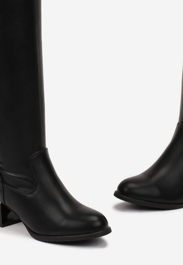 Renee - Czarne Kozaki za Kolano na Słupku z Metaliczną Wstawką Ramina. Wysokość cholewki: za kolano. Kolor: czarny. Obcas: na słupku