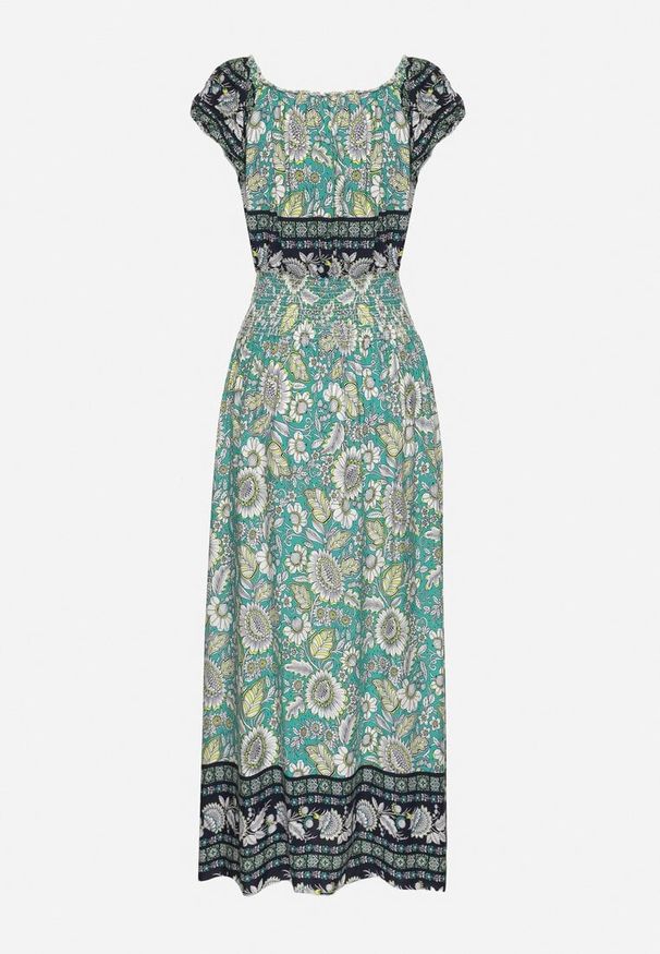 Born2be - Zielona Wzorzysta Sukienka Bawełniana o Rozkloszowanym Kroju z Marszczeniem w Talii Vialor. Okazja: na co dzień. Kolor: zielony. Materiał: bawełna. Długość rękawa: krótki rękaw. Wzór: aplikacja, kwiaty. Styl: casual, elegancki