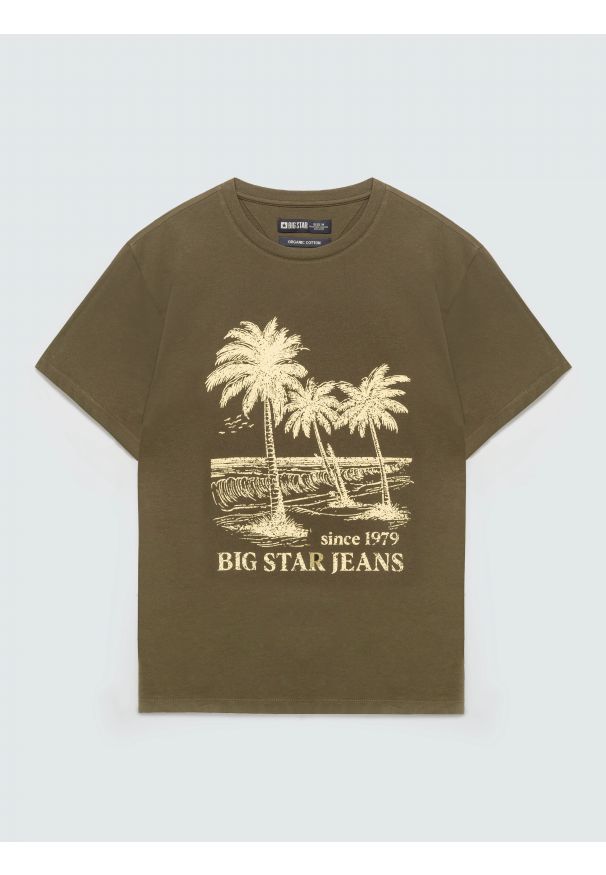 Big-Star - Koszulka męska z kontrastowym nadrukiem khaki Omer 303. Kolor: zielony. Materiał: materiał, bawełna, skóra, dzianina. Wzór: nadruk. Styl: militarny, elegancki, klasyczny, vintage