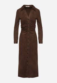 Renee - Brązowa Marszczona Sukienka z Imitacji Zamszu o Koszulowym Kroju Esora. Okazja: na randkę. Typ kołnierza: dekolt w serek. Kolor: brązowy. Materiał: zamsz. Typ sukienki: koszulowe #4