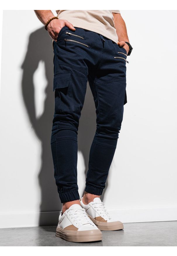 Ombre Clothing - Spodnie męskie joggery P1000 - granatowe - XXL. Kolor: niebieski. Materiał: bawełna, elastan