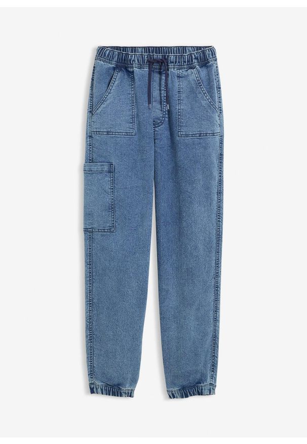 bonprix - Dżinsy bojówki o kroju loose fit z materiału z domieszką stretchu, z elastyczną gumką w pasie. Kolor: niebieski
