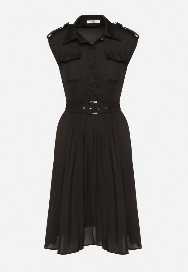 Born2be - Czarna Wiskozowa Sukienka Rozkloszowana z Koszulową Górą i Plisami z Paskiem Eviravie. Okazja: na co dzień. Kolor: czarny. Materiał: wiskoza. Typ sukienki: koszulowe. Styl: casual, klasyczny, elegancki. Długość: midi