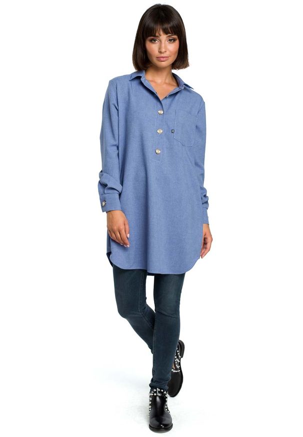 MOE - Niebieska Długa Koszula z Kieszenią. Kolor: niebieski. Materiał: poliester, len. Długość: długie